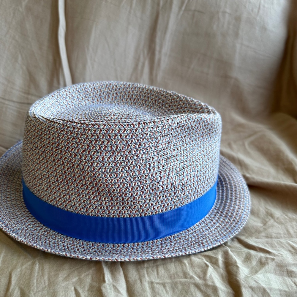 STETSON Sun Guard Summer Toyo Straw Hat Pork Pie Hat Blue Orange Accents - Picture 4 of 8